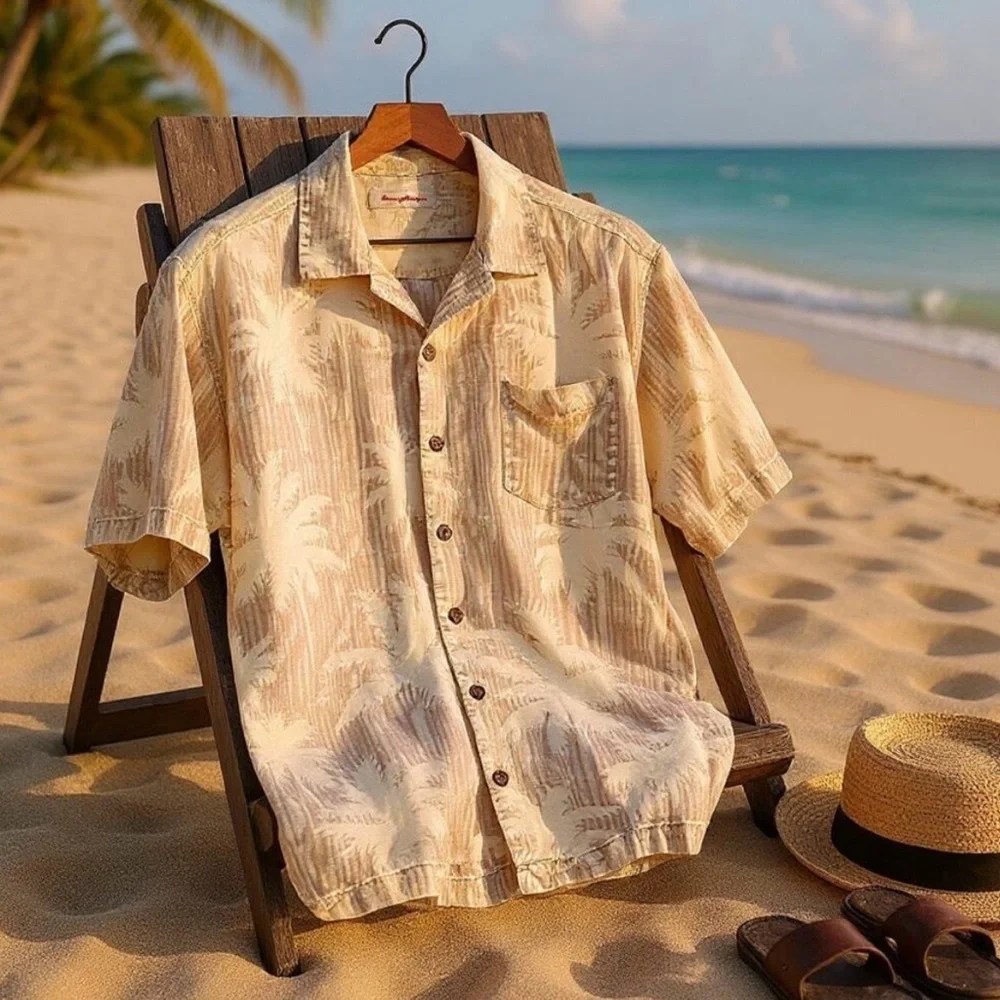 Tommy Bahama 100% Silk Palm Tree Hawaiian Silk Camp Shirt in Tan/Cream Sz L - Picture 1 of 8